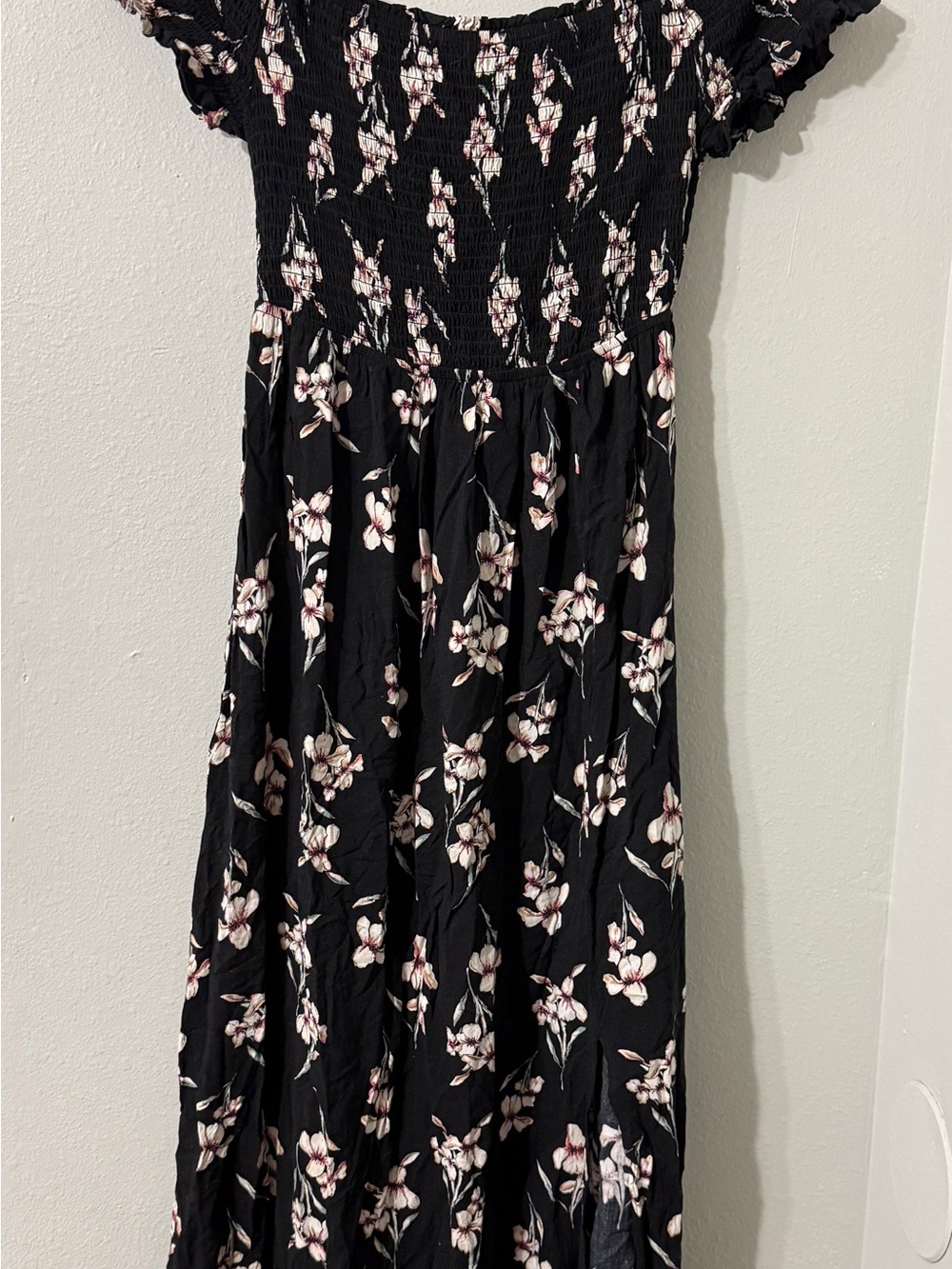 Cute Smocked Square Neck Black Maxi Dress with Pink White Floral and Leg Slit L